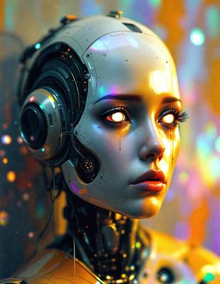 The primary subject of the image is a robotic head with a human-like face. The robotic head is wearing headphones and has a glowing, futuristic appearance. The setting is a futuristic environment, with the robotic head being the main focus of the image. The visual style is a combination of digital art and illustration, creating a unique and captivating scene. The colors and mood of the image are predominantly dark and mysterious, with the glowing robotic head standing